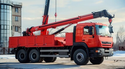 A large red crane truck is parked in a lot