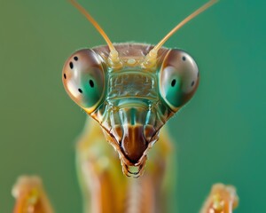 A macro photo of a praying mantis face, focusing on the predatory gaze and complex mouthparts, set against a blurred green background