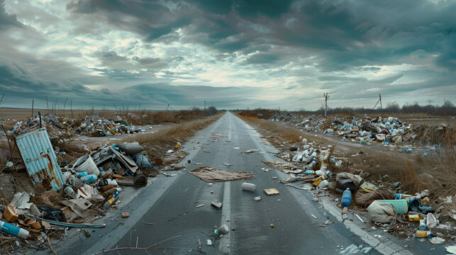 contaminaci&oacute;n del medio ambiente una carretera llena de basura y suciedad mont&oacute;n de escombros y pl&aacute;sticos desperdicios triste paisaje con mugre
