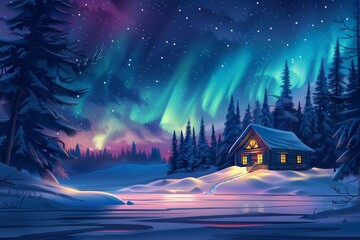 Experience the magic of a secluded cabin surrounded by snow-covered trees under the enchanting Northern Lights.