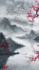 Dawn's First Light; A Peaceful Landscape of Delicate Cherry Blossoms Against a Mountainous Backdrop