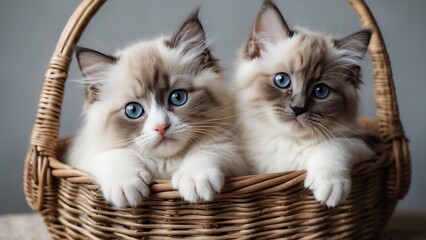 Two fluffy kittens in a basket on a gray background, close-up