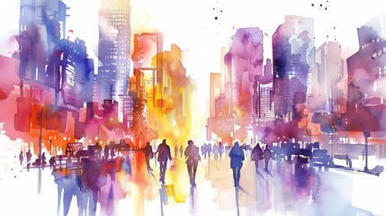 The watercolor painting of a dynamic urban center powered by kinetic energy from pedestrians and vehicles, Clipart minimal watercolor isolated on white background