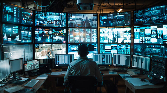 hombre trabajador ingeniero y t&eacute;cnico dando soporte monitoreando los controles en el sistema digital mediante internet y datos de la red haciendo vigilancia mediante pantallas digitales