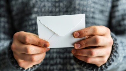 A6 flyer postcard invitation mockup. male hands holding blank flyer on gray background