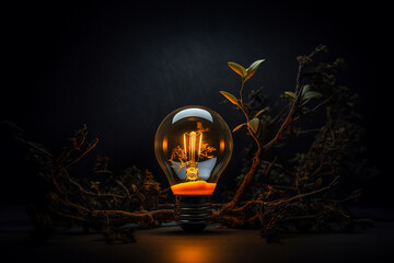 A lit bulb with a small plant inside, surrounded by branches against a dark backdrop