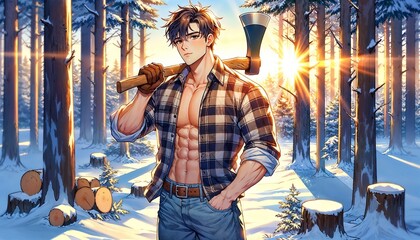 Muscular Man Holding an Axe in a Snowy Forest at Sunset