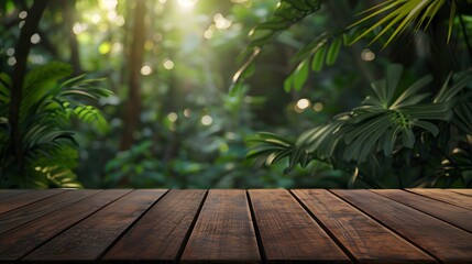 Sleek Wooden Surface Amidst Amazon Jungle Blur: Natural Setting for Presentations