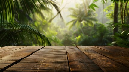 Sleek Wooden Surface Amidst Amazon Jungle Blur: Natural Setting for Presentations