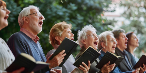 Group of senior women and men singing together at choir rehearsal. A community choir performing at a local nursing home. Hobbies and leisure for elderly people.