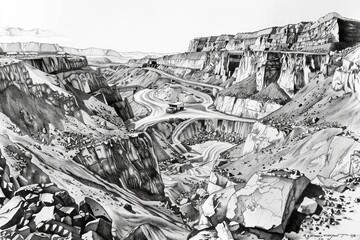 Black and white drawing of a canyon, suitable for various projects