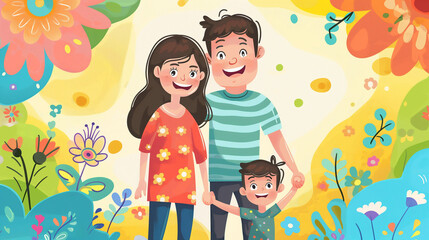 Cartoon image of a woman with her husband and their 5-year-old child