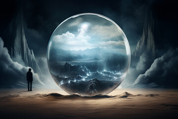 A lone figure observes a surreal, glowing orb with a mountainous landscape inside