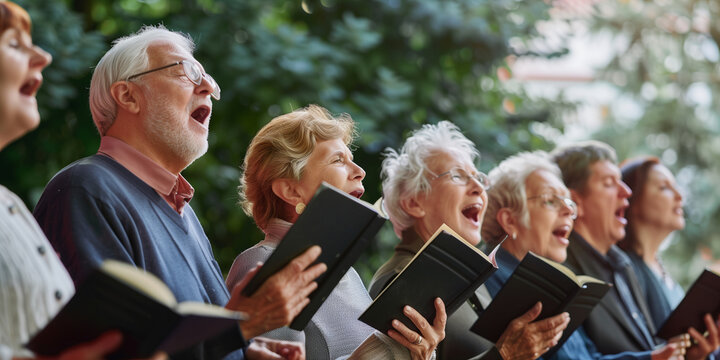 Group of senior women and men singing together at choir rehearsal. A community choir performing at a local nursing home. Hobbies and leisure for elderly people.