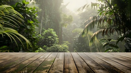 Naklejka premium Sleek Wooden Surface Amidst Amazon Jungle Blur: Natural Elegance for Presentations