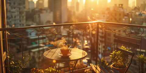 A cup of coffee on sunlit balcony in a big city on sunny morning. Having breakfast coffee with morning city skyline view.