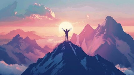 a person standing on top of a mountain with their arms in the air. generative ai  - obrazy, fototapety, plakaty
