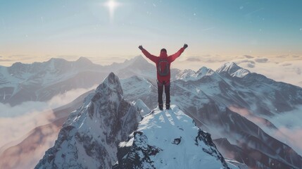 A man stands triumphantly on the mountain summit, arms raised in jubilation, embodying the exhilarating feeling of success and accomplishment hyper realistic  - obrazy, fototapety, plakaty