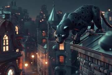 A black panther crouches on a rooftop