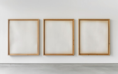 3d Realistic three picture frames in wooden on white background, space for text, front view mockup