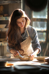 Young artist shaping a delicate pottery piece in a sun-drenched studio with her hands covered in clay.