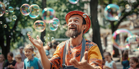 Street performer entertaining the crowd of kids by blowing soap bubbles on sunny summer day. Children playing with colorful soap bubbles floating in the foreground.