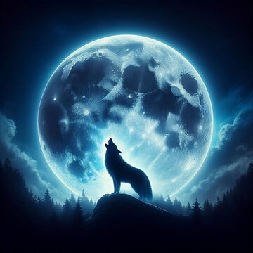 Lobo aullando a la luna llena.