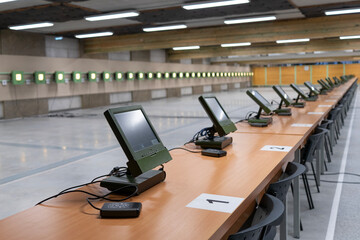 Shooting range with targets and equipment indicating hits