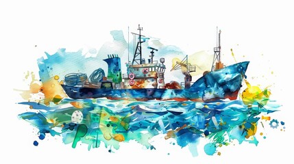 This engaging watercolor scene of an ocean cleanup operation, futuristic vessels collecting plastic waste with efficiency, Clipart minimal watercolor isolated on white background