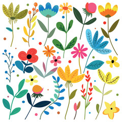 Set of hand drawn fantasy flowers. Multicolored flowers and twigs.