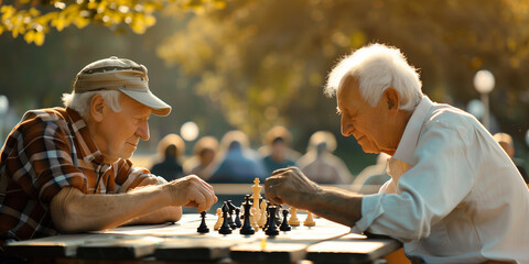 Active retired senior friends playing chess in a park. Hobbies and leisure for elderly people. - Powered by Adobe