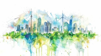 This lovely watercolor painting captures an ecofriendly metropolis powered by solar panels and wind turbines, Clipart minimal watercolor isolated on white background