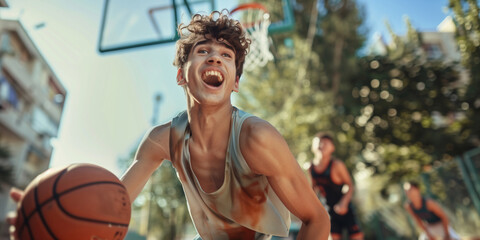 Male teen basketball player dribbling the ball on an outdoor court on a sunny day. Teenage friends playing street basketball together. Active leisure for kids.