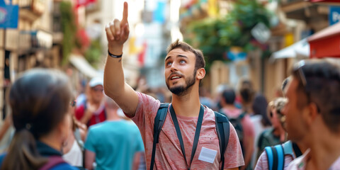 Tour guide leading a group of visitors to tourist attractions, giving them information and insights, pointing at local architecture.