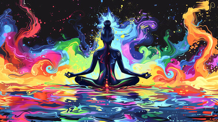 Woman practicing yoga with a multicolored and psychedelic background. Exercise and relaxation.