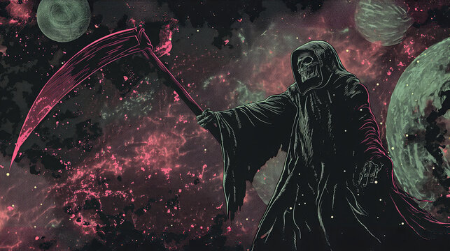 Depict Thanatos as a cosmic reaper wielding a surreal