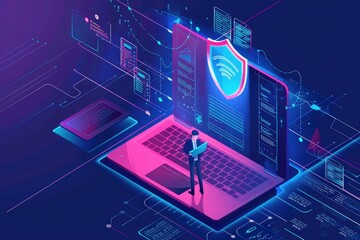 Fototapeta premium Person standing in front of a laptop with a shield on it. Suitable for cybersecurity concepts