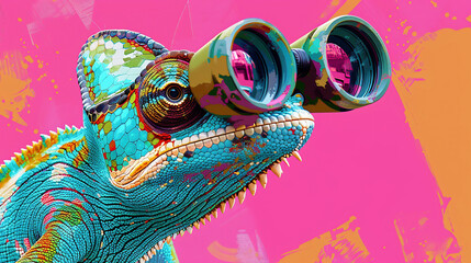 Fototapeta premium A multicolored chameleon with binoculars.