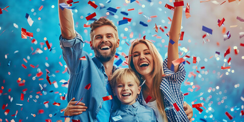 Traditional American family of mother, father and their kid celebrating 4th of July on USA colored background.