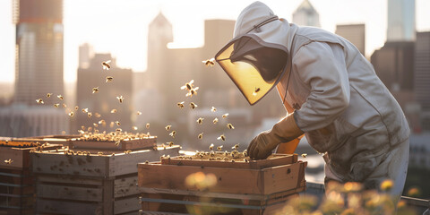 Beekeeper tending to beehives on the rooftop in the city, with the skyline visible in the background. Importance of bees in urban ecosystems concept.