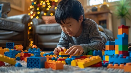 A boy playing with lego on a table. A playful child builds a colorful block tower.