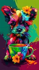 Fototapeta premium Cute little dog with decorated tea cup, flowers and multicolored background.