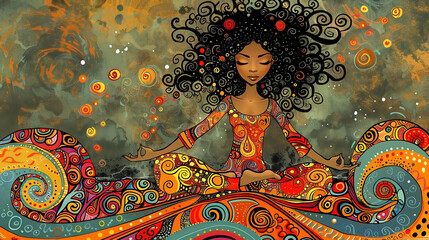 Fototapeta premium Woman practicing yoga with a multicolored and psychedelic background. Exercise and relaxation.