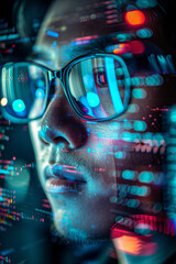 Software developer illuminated by the glow of multiple monitors, deep in focus, with lines of code reflected in their glasses.
