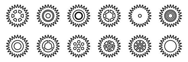 Gears icon set. Setting gears icon. Collection of mechanical outline cogwheels. Simple Gear wheel collection. Gear icons silhouette. Vector illustration with cogwheels sign set on white background.