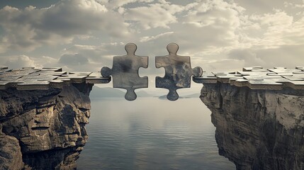 A surreal image of a bridge made from pieces of puzzle connecting two cliffs, each side representing a business entity in partnership