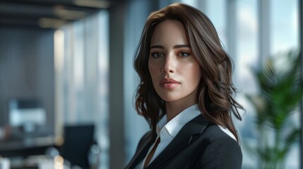 Fototapeta premium Hispanic female executive exuding confidence in a modern office setting, dressed in formal business attire, radiating leadership and success, portrait orientation, generative ai hyper realistic 