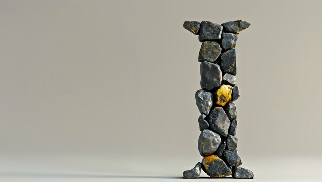A vertical 3D model of the letter I made from black pebbles and yellow accents, standing on an empty white floor with soft shadows The background is a plain grey to highlight the details of each stone