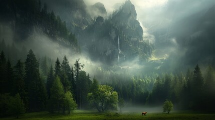 Alpine cow grazing in beautiful green meadow surrounded by majestic alps mountain range - Powered by Adobe