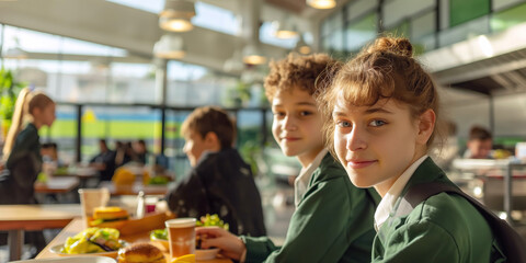 Two cute ten years old kids sitting at the table in school cafeteria. Young students having food during lunch break in dining hall.